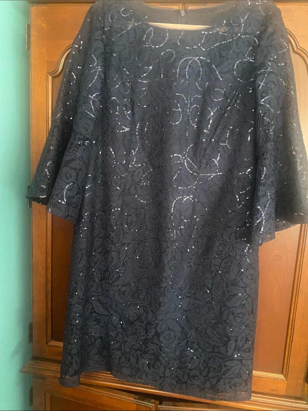 Alex Evenings Navy Lace Long-Sleeve Shift Dress with Sequin Detail